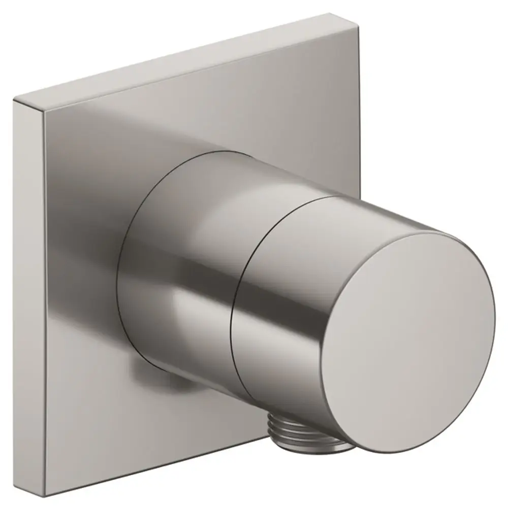 Umstellventil von Keuco mit eckigem Design und Schlauchanschluss, aus gebürstetem Nickel gefertigt.